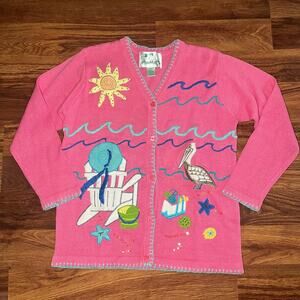 The Quacker Factory Beach Embroidered Granny Core Costal Button Up Cardigan